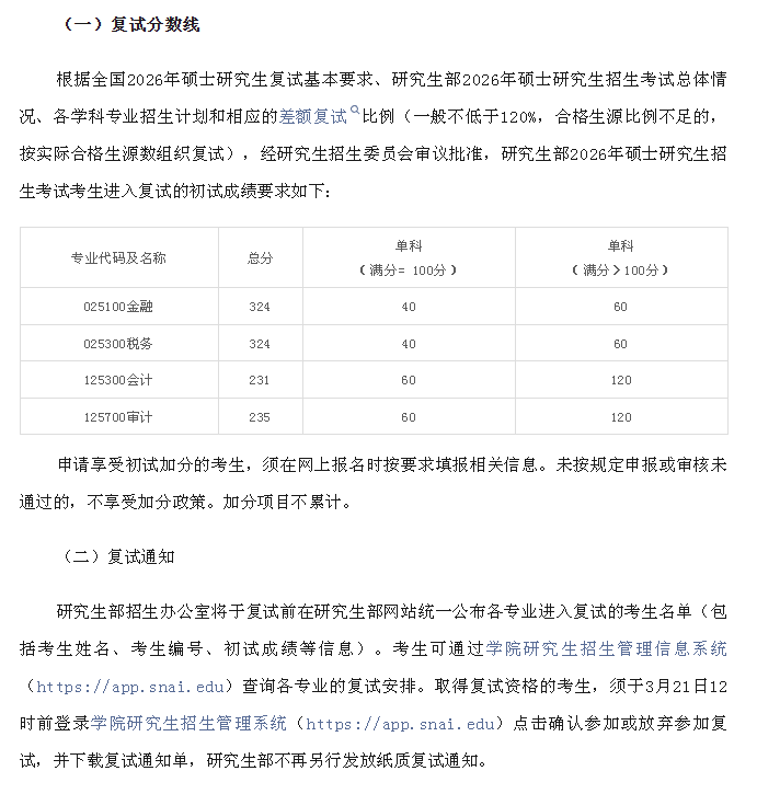 上海国家会计学院2026年硕士研究生招生复试录取办法